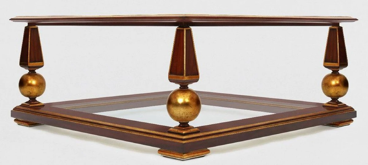 Luxury baroque coffee table dark brown / antique gold 113 x 113 x H. 47 cm - magnificent solid wood living room table with glass tops - baroque living room furniture