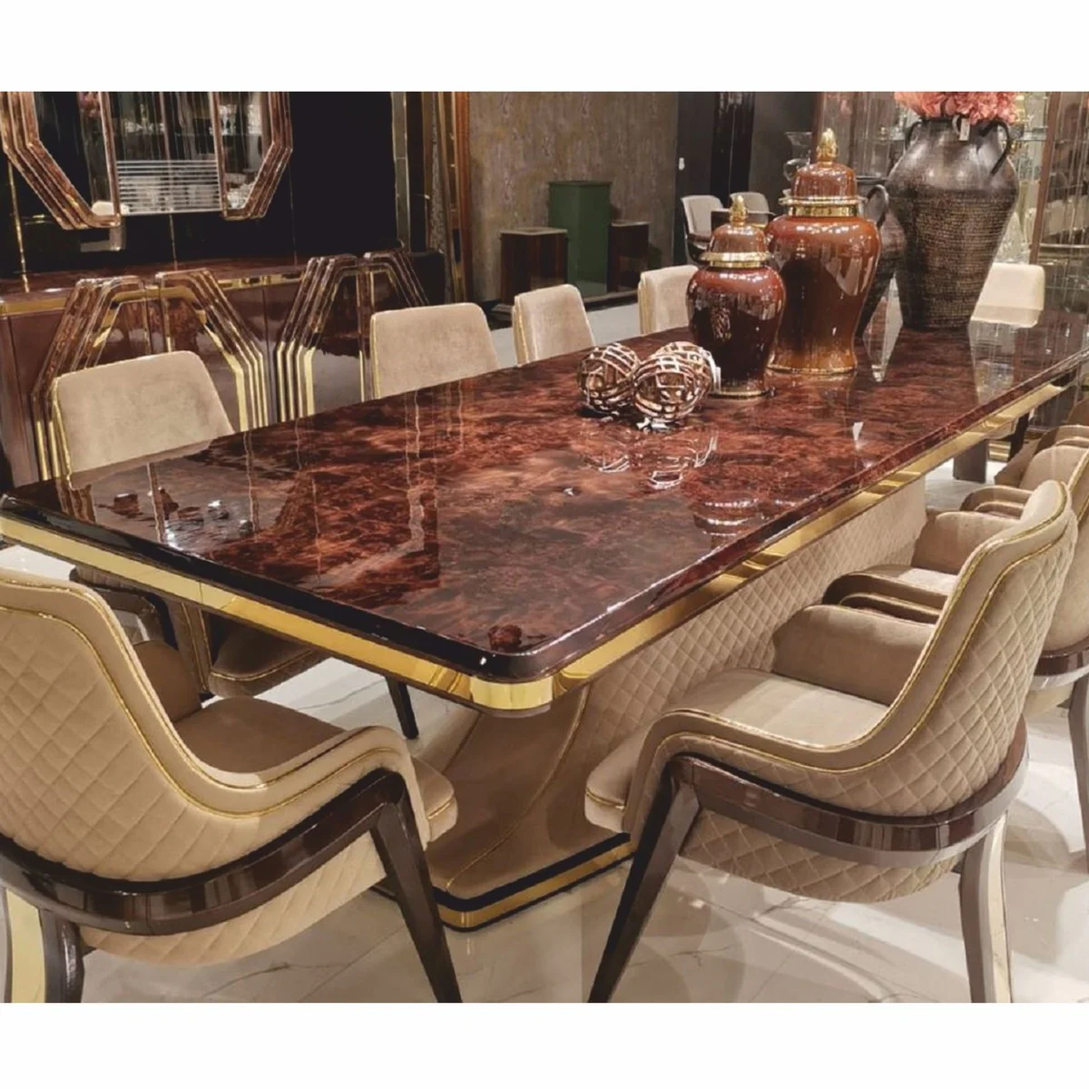 Luxury Art Deco dining chair with armrests beige / dark brown / gold