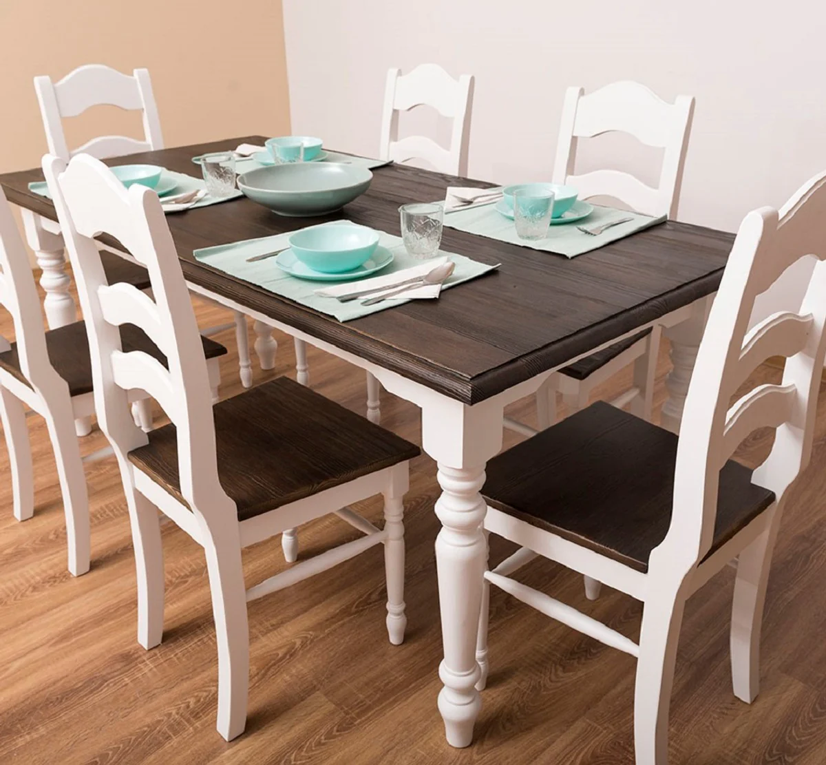 Country style dining room furniture set white / dark brown - 1 country style dining table & 6 country style dining room chairs - solid wood dining room furniture - country style dining room furniture