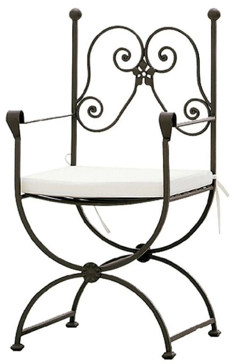 Luxury Art Nouveau garden chair set with armrests and seat cushions brown / white 60 x 44 x H. 97 cm - Hand-forged dining room chairs - Dining room garden patio furniture