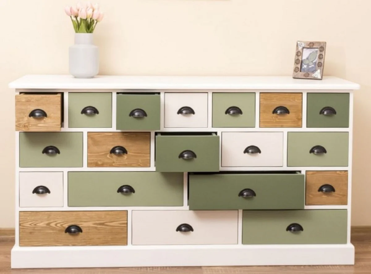 Country house style chest of drawers white / green / natural colors 180 x 48 x H. 95 cm - solid wood cabinet with 19 drawers - country house style furniture - furniture in country house style - country house style furnishings