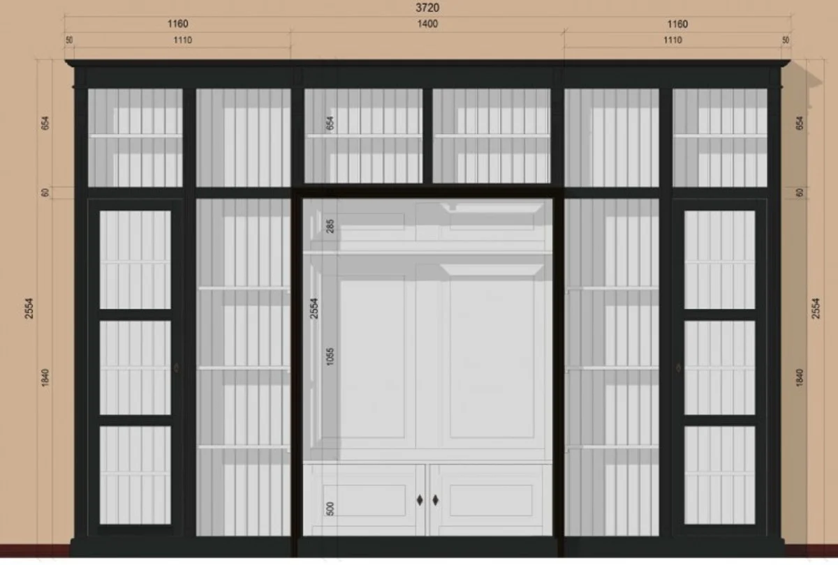 Luxury living room wall unit black / white W 372 x H 255 cm bookcase shelf cabinet television TV - Art Deco Art Nouveau hotel furniture