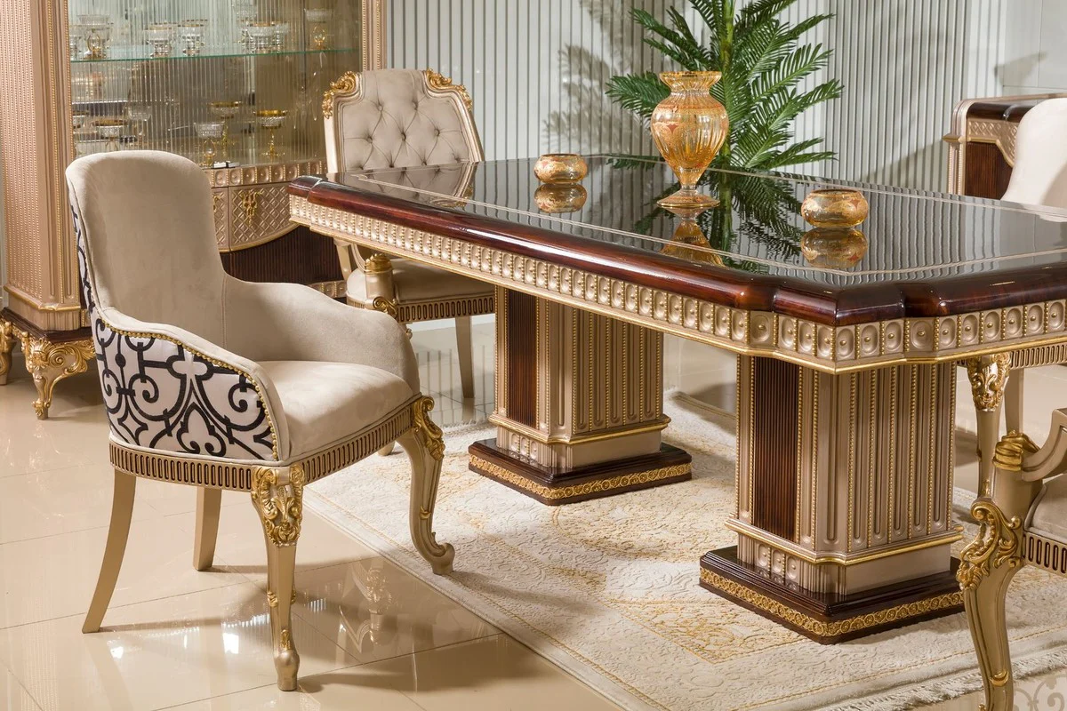 Luxury baroque dining table dark brown / gray / gold 250 cm
