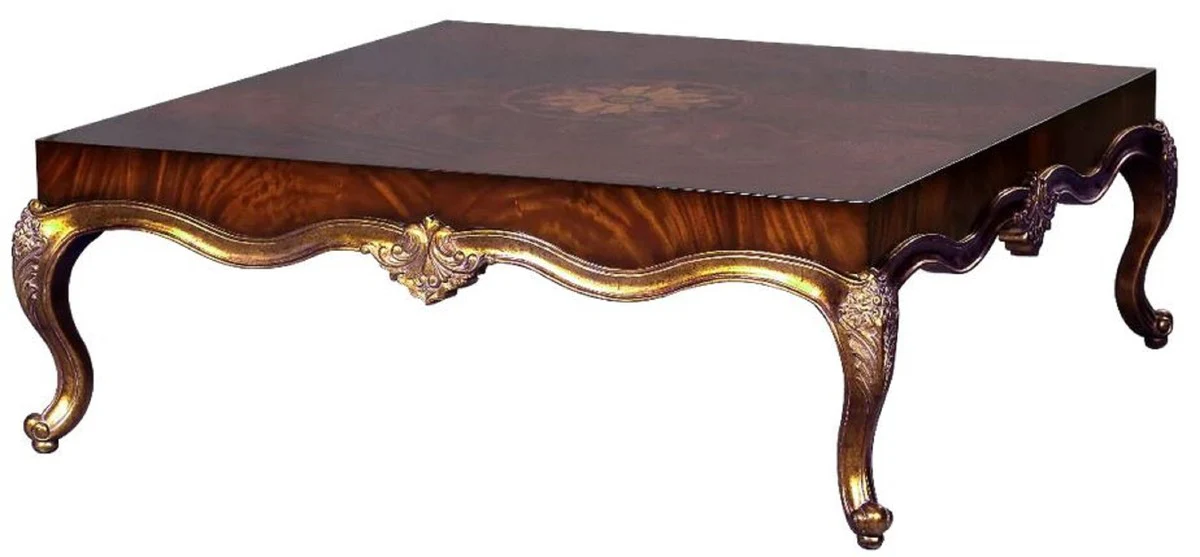 Luxury baroque coffee table brown inlay / antique gold 130 x 130 x H. 46 cm - Magnificent living room table in baroque style - Baroque furniture - Luxury furniture in baroque style - Noble & magnificent