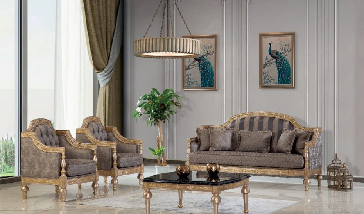 Luxury Baroque Sofa Gray / Silver / Gold - Magnificent living room sofa with an elegant pattern - Furniture in the Baroque style