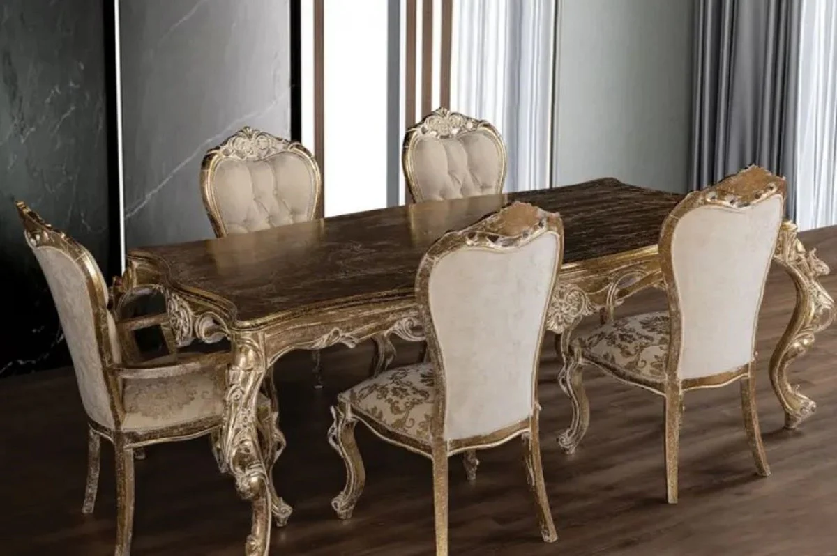 Luxury Baroque Dining Room Set Beige / Gold / Antique Gold - 1 Baroque Dining Table & 6 Baroque Dining Chairs - Dining Room Furniture in Baroque Style - Noble & Magnificent
