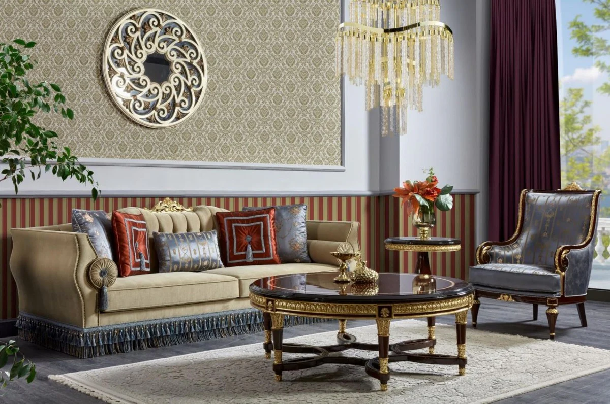 Luxury Baroque Coffee Table Dark Brown / Gold - Round Solid Wood Living Room Table in Baroque Style - Luxury Living Room Furniture in Baroque Style - Baroque Furniture - Noble & Magnificent