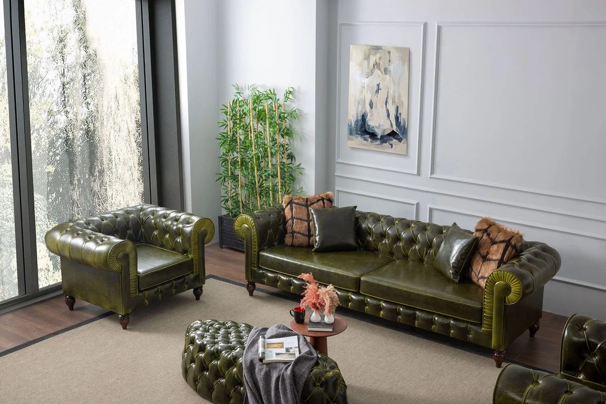 Luxury Chesterfield faux leather sofa green / dark brown 235 x 90 x H. 75 cm - living room sofa - living room furniture - luxury furniture - living room furnishings - luxury furnishings - furniture luxury