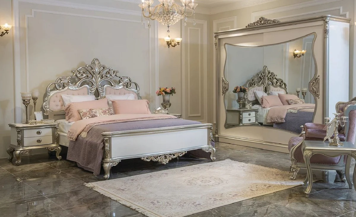 Luxury baroque bedroom wardrobe white / silver 260 x 72 x H. 244 cm - elegant solid wood wardrobe with 2 mirrored sliding doors - bedroom furniture in baroque style - luxury quality