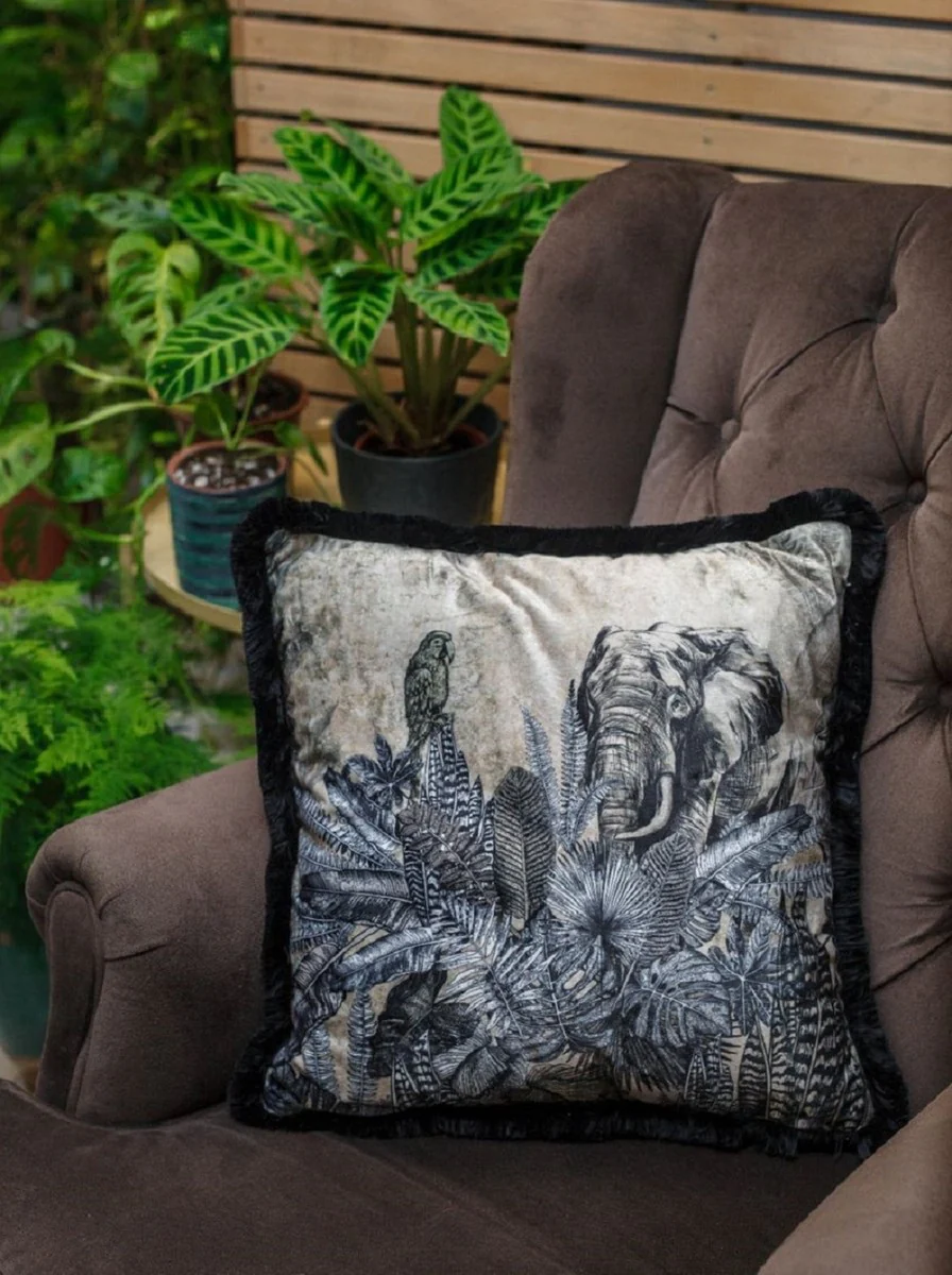 Luxury decorative cushion Africa beige / black / white 45 x 45 cm - printed velvet cushion with fringes - elegant decorative cushion - luxury collection