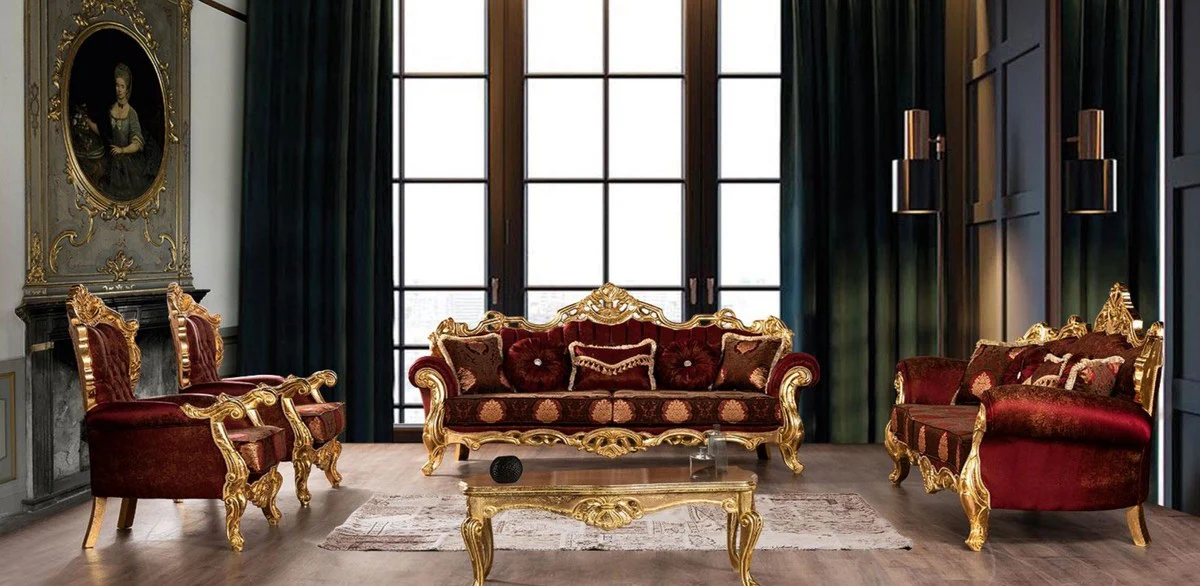 Luxury Baroque living room set Bordeaux red / gold - 2 sofas with pattern & 2 armchairs with pattern & 1 coffee table - Magnificent Baroque living room furniture