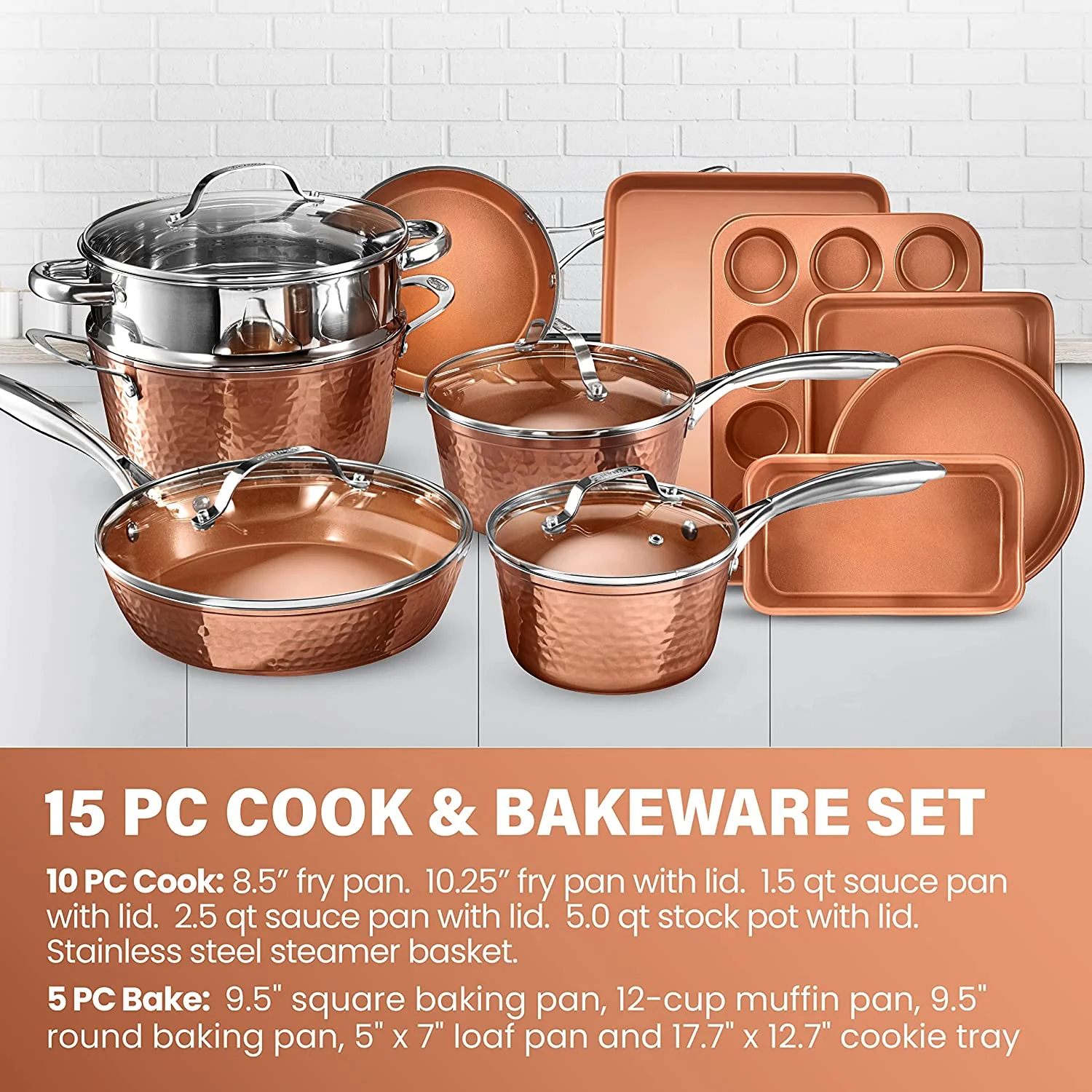Hammered Steel Non-Stick Pots and Pans Set, 15 Piece Elegant Kitchen Cookware and Bakeware Set, Extremely Durable Pots and Pans for Cooking with Non-Stick Ceramic Coating, Dishwasher Safe, SC