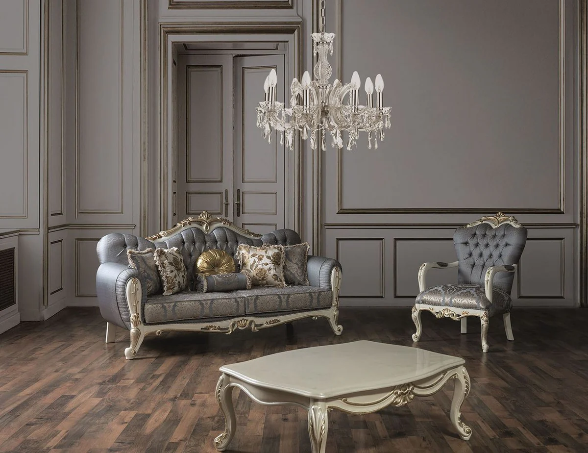 Luxury baroque living room table cream / gold 110 x 85 x H. 45 cm - Noble solid wood coffee table in baroque style - Baroque living room furniture