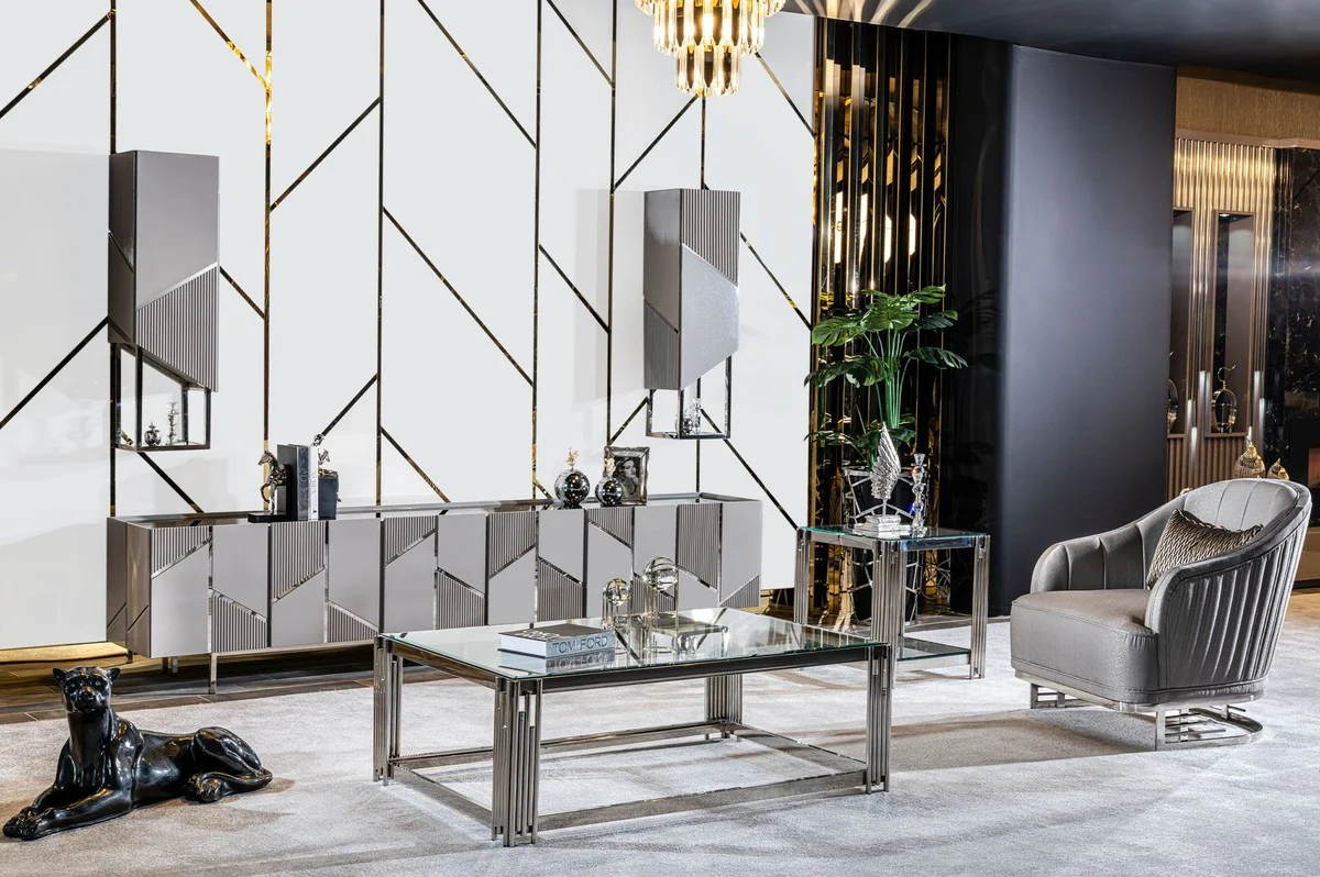 Luxury coffee table silver 120 x 80 x H. 45 cm - Rectangular living room table with glass top - Luxury living room furniture - Luxury hotel furniture