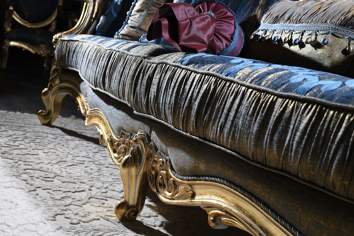 Luxury Baroque Chesterfield Sofa Dark Blue / Antique Gold 300 x 90 x H. 119 cm - Magnificent Baroque Living Room Sofa - Baroque Furniture