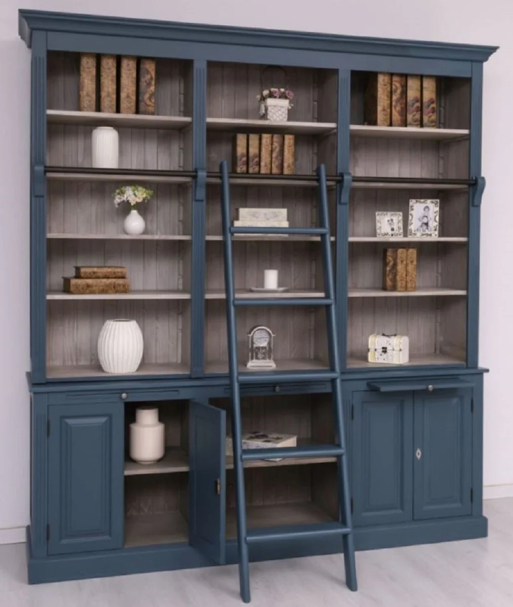 Country house style bookcase with ladder blue / gray 229 x 51 x H. 244 cm - solid wood cupboard - living room cupboard - shelf cupboard - office cupboard - country house style furniture