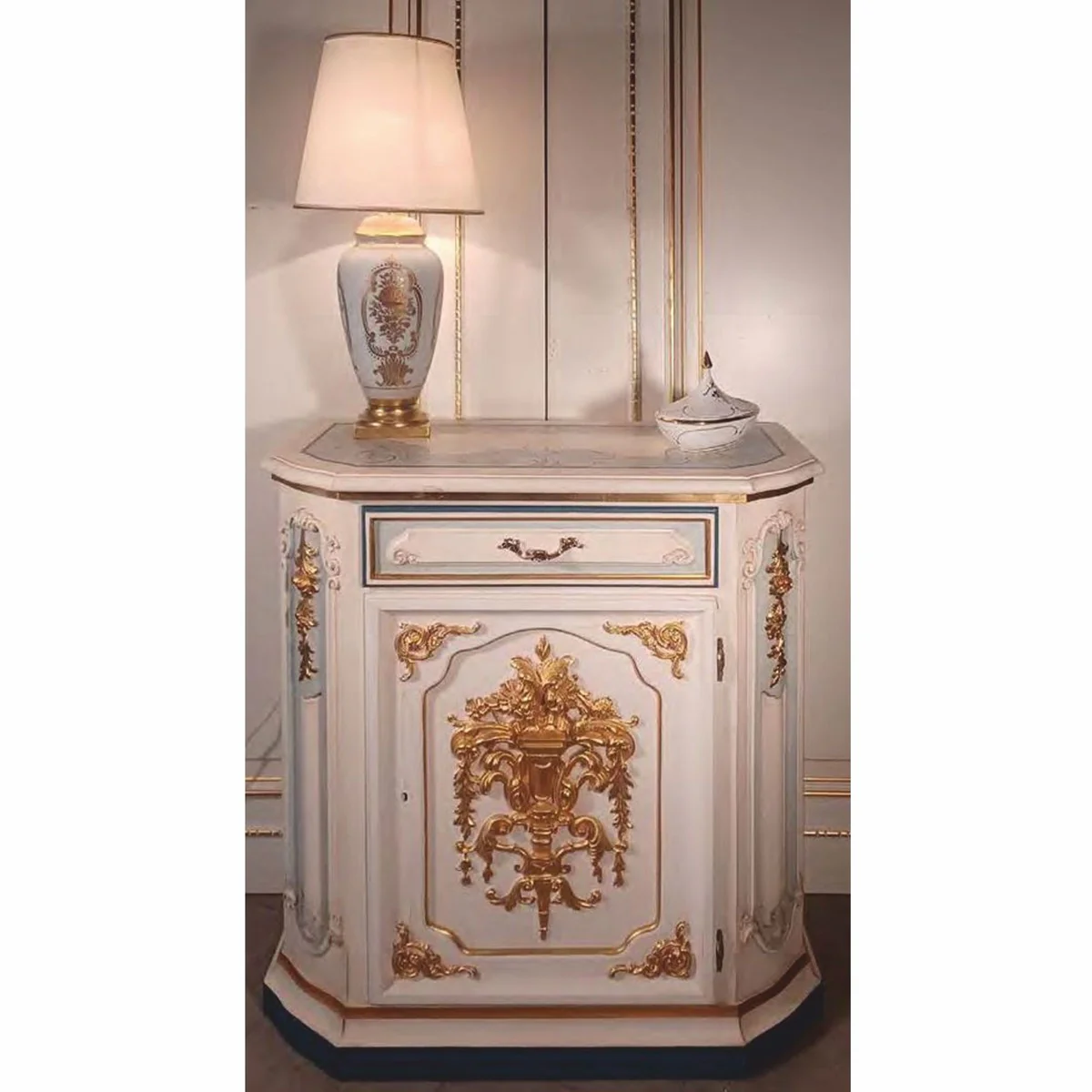 Luxury baroque night dresser white / light blue / gold H. 89 cm - Made in Italy