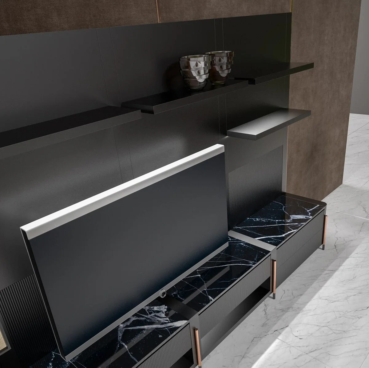 Luxury TV cabinet matt black / black / copper 452 x 47 x H. 202 cm - living room cabinet with LED lighting - living room furniture - hotel furniture - luxury furniture