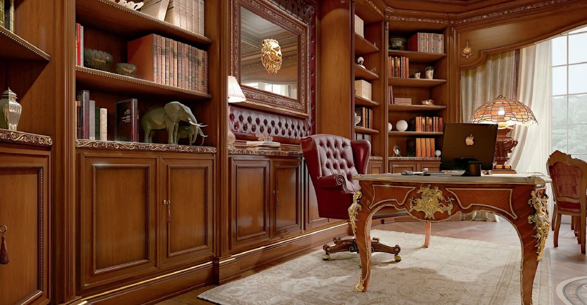 Luxury Baroque Chesterfield office chair Bordeaux red / brown / gold - Height-adjustable desk chair with real leather - Office furniture in baroque style - Luxury quality - Made in Italy