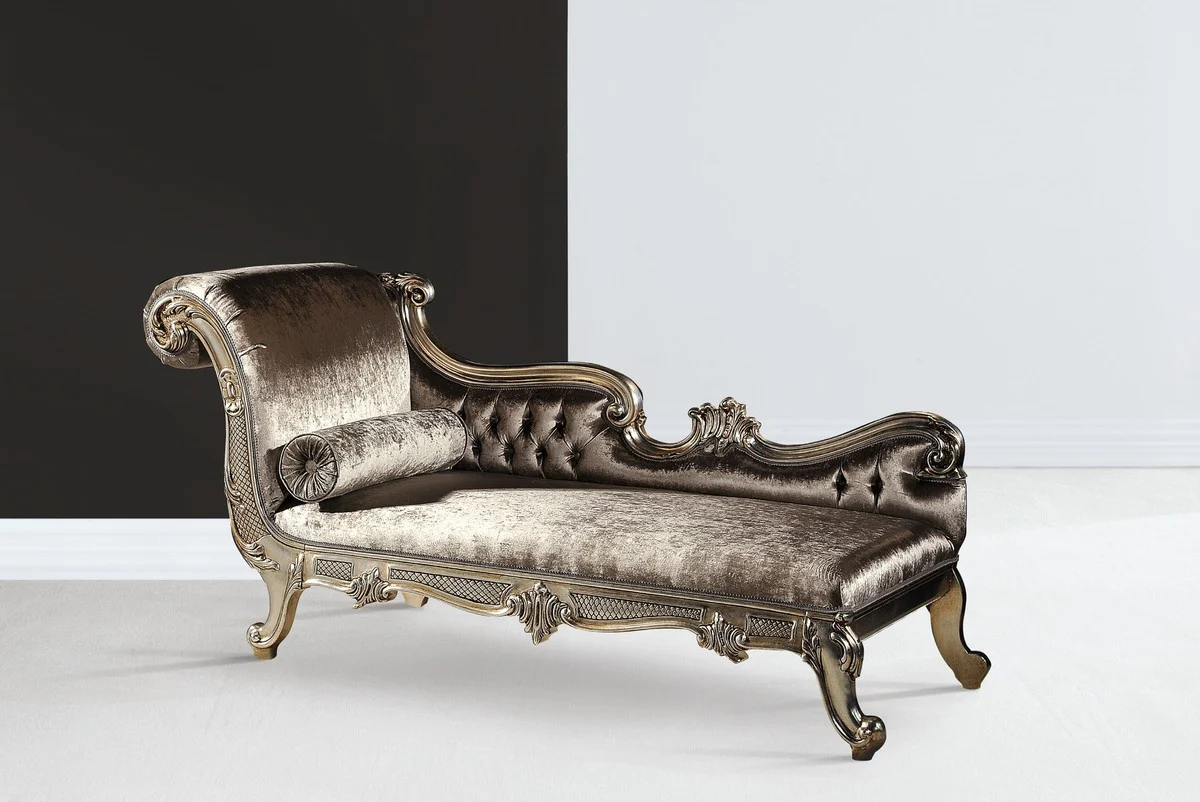 Luxury Baroque Chaise Longue Silver / Silver Gold - Magnificent Solid Wood Recamiere - Luxury Living Room Furniture in Baroque Style - Luxury Quality - Made in Italy