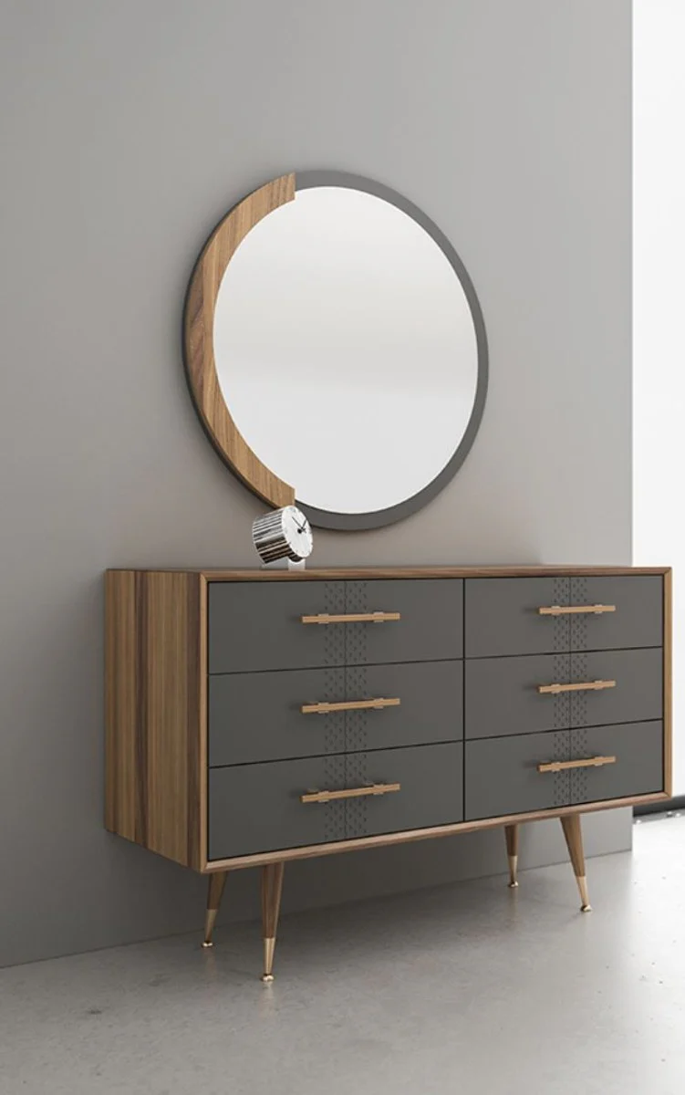 Luxury bedroom set brown / gray / brass - 1 chest of drawers with 6 drawers & 1 wall mirror - Bedroom cabinet with mirror - Bedroom furniture - Luxury collection
