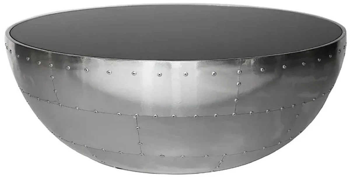 Luxury coffee table silver / black Ø 82 x H. 34 cm - Round aluminum living room table with glass top - Aluminum airplane aviator furniture - living room furniture - luxury furniture