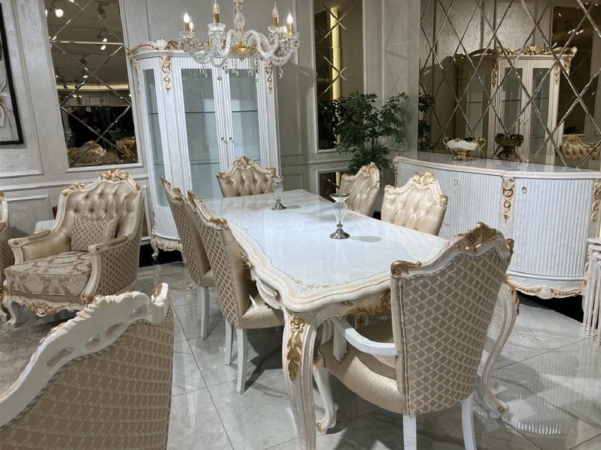 Luxury Baroque Dining Room Set White / Gold - 1 Baroque Dining Table & 6 Baroque Dining Room Chairs - Baroque Dining Room Furniture - Noble & Magnificent