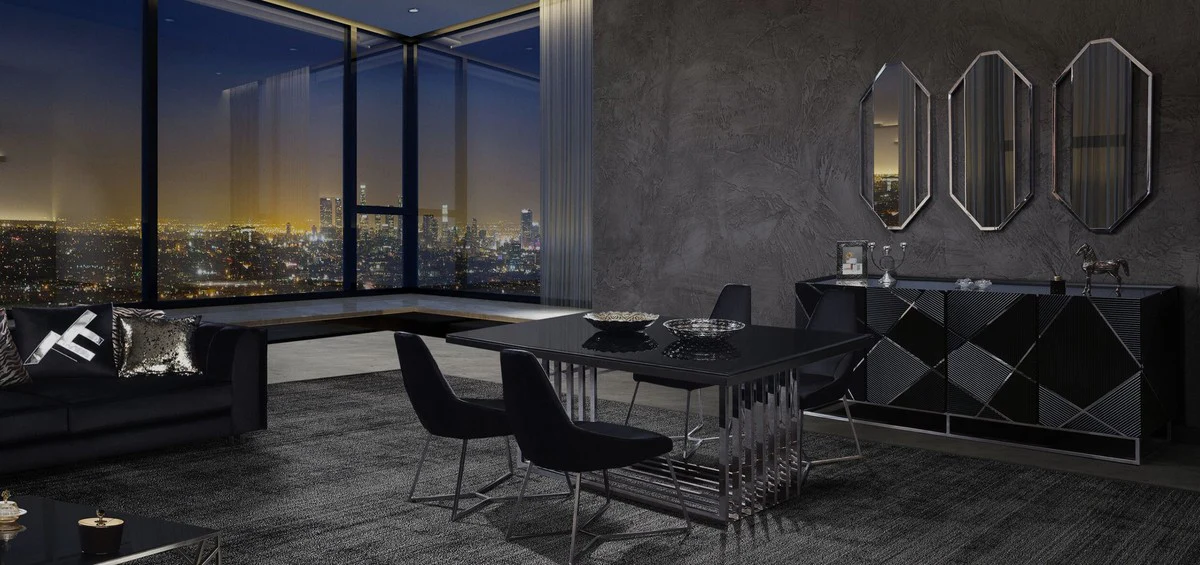 Luxury dining table silver / black 200 x 100 x H. 77 cm - Rectangular stainless steel kitchen table with glass top - Luxury dining room furniture