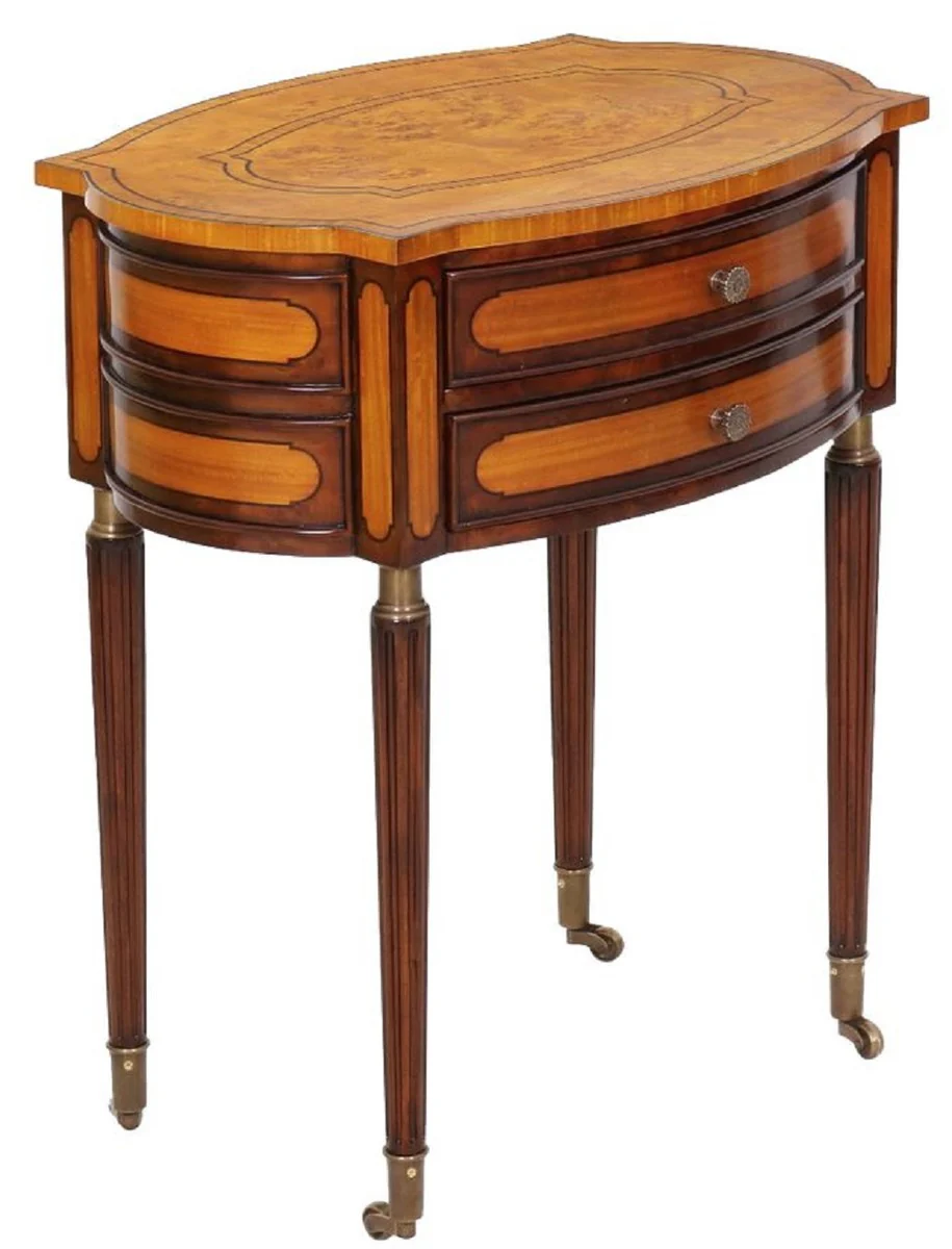 Luxury Art Nouveau nightstand light brown / dark brown - Elegant solid wood bedside table with 2 drawers and wheels - Baroque & Art Nouveau bedroom furniture