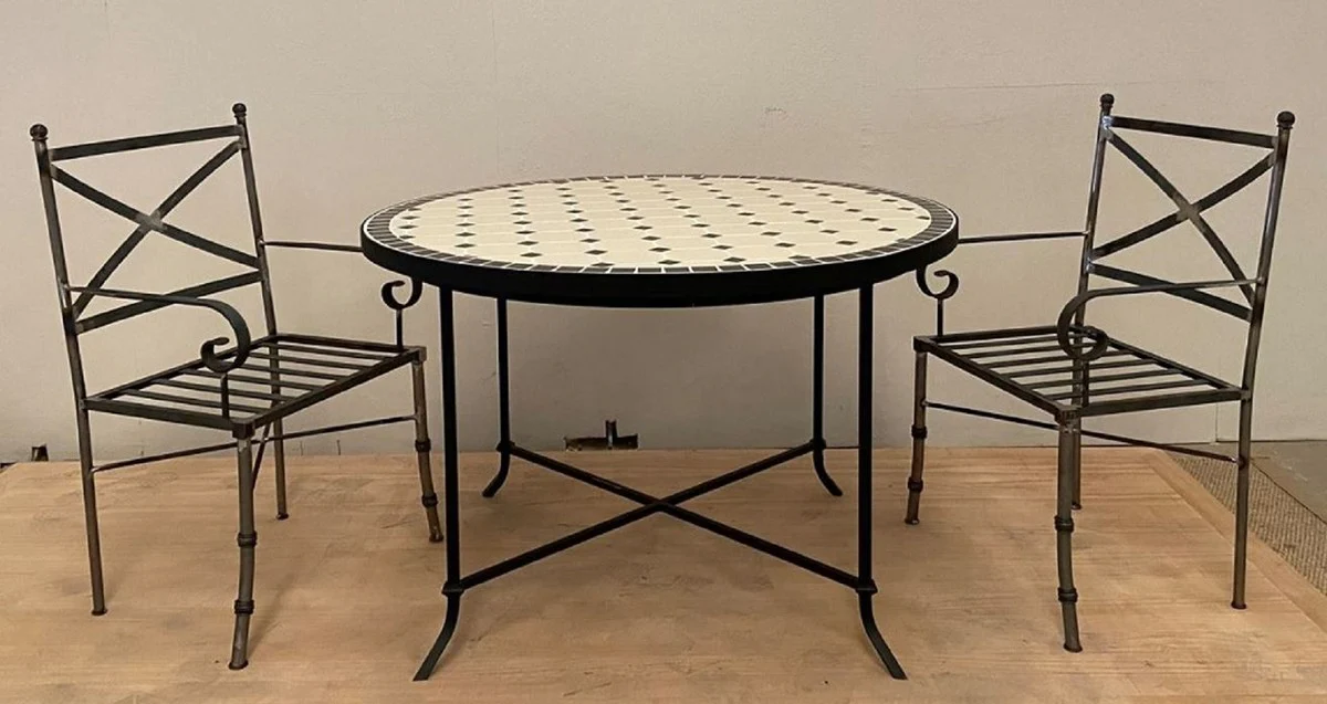Luxury Art Nouveau dining table cream / black Ø 120 x H. 75 cm - Round handmade wrought iron garden table with ceramic mosaic tiles table top - Garden & dining room furniture