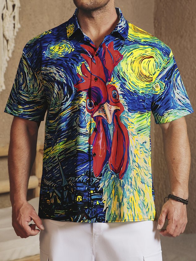 Rooster Chest Pocket Short Sleeve Casual Shirt