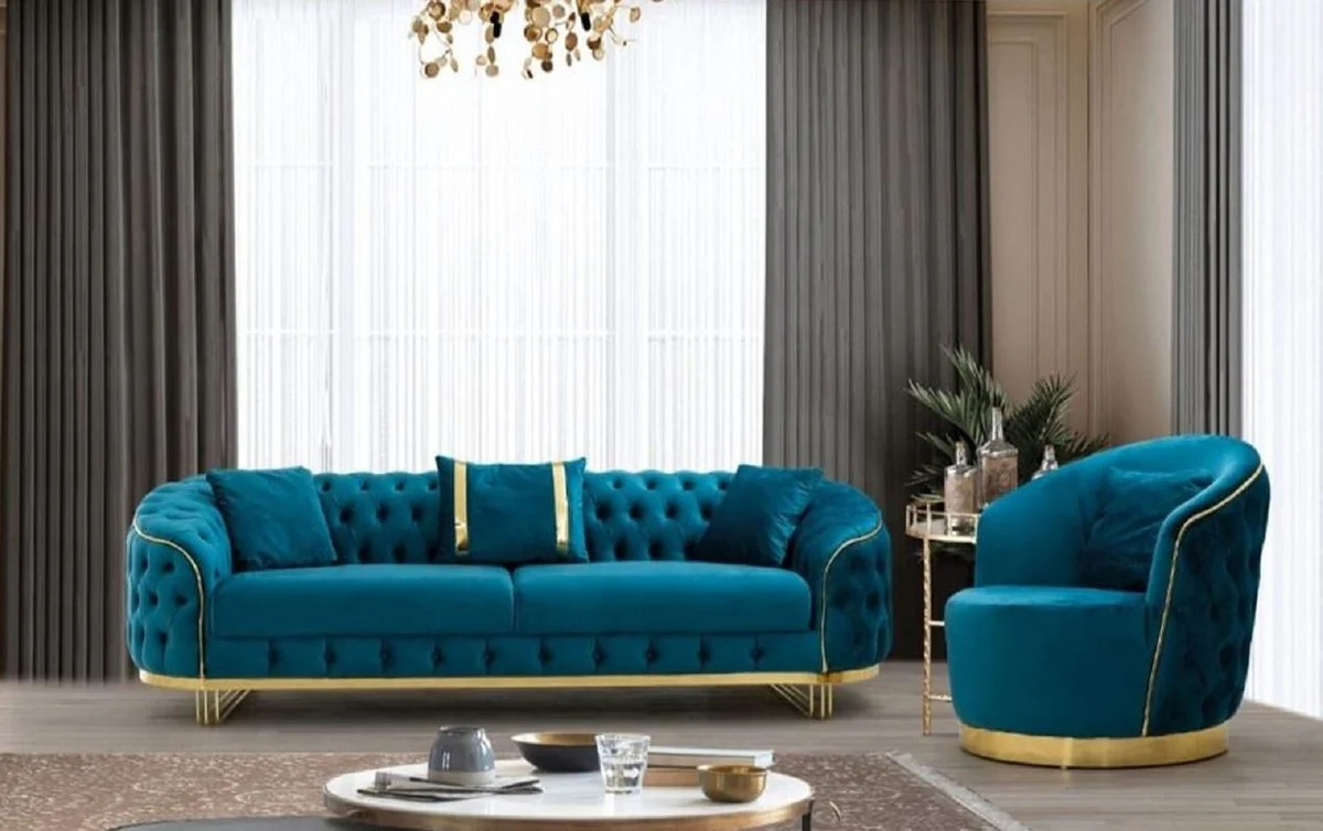 Luxury Chesterfield armchair turquoise / gold 90 x 95 x H. 75 cm - Modern living room armchair - Chesterfield living room furniture