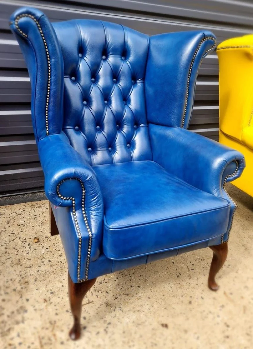 Luxury Chesterfield wing chair blue / dark brown 98 x 90 x H. 110 cm - genuine leather Chesterfield living room armchair - living room furniture - Chesterfield furniture - luxury leather furniture