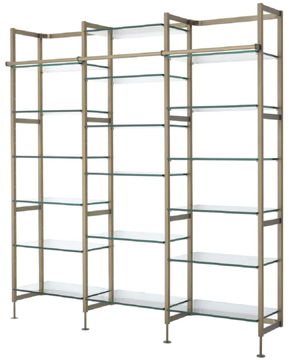 Luxury shelf cabinet brass colored 222.5 x 51 x H. 238 cm - stainless steel wall unit with 18 adjustable glass shelves - living room cabinet - office cabinet - luxury furniture
