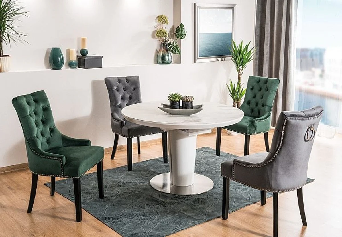 Luxury Chesterfield Dining Chair Black / Silver / Black - Kitchen Chair with Velvet Fabric - Dining Room Furniture