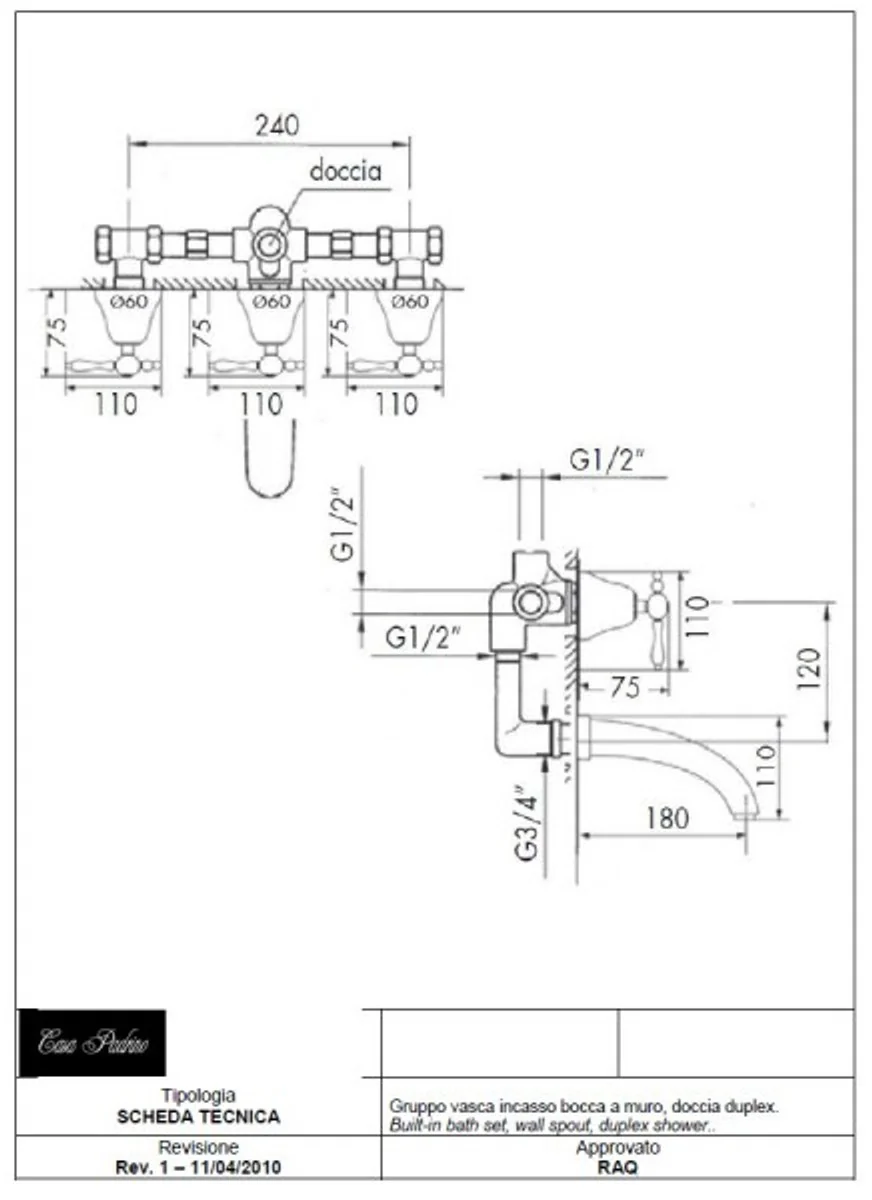 Luxury bathroom accessories - Art Nouveau retro concealed bath mixer with hose, hand shower and wall holder - fitting for bathtub - chrome - Milano series - Made in Italy