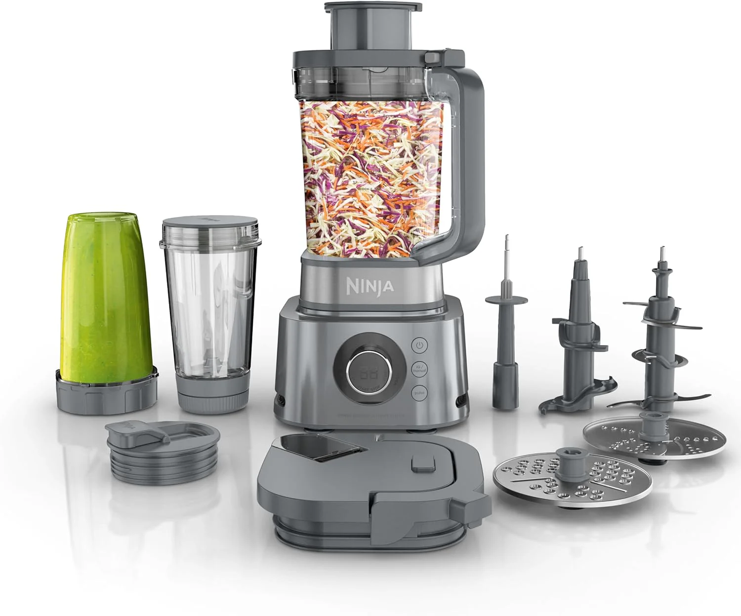 Ninja Blender, Compact Kitchen System, 1200W, 3 Functions for Smoothies, Dough & Frozen Drinks with Auto-IQ, 72-oz.* Blender Pitcher, 40-oz. Processor Bowl & 18-oz. Single-Serve Cup, Grey, AMZ493BRN