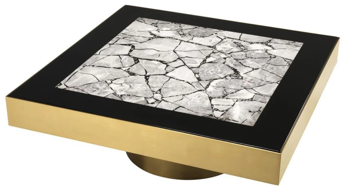 Luxury stainless steel coffee table with faux marble top brass color / high gloss black / gray 100 x 100 x H. 38 cm - designer living room furniture