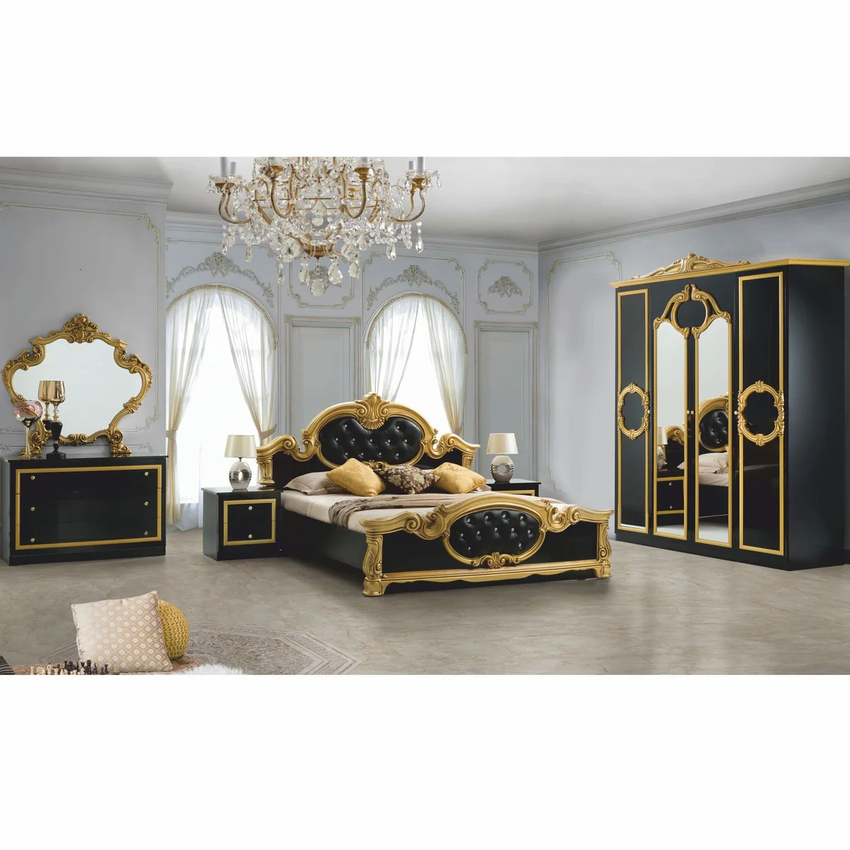 Luxury Baroque Bedroom Cabinet Black / Gold 177 cm - Baroque Bedroom Furniture