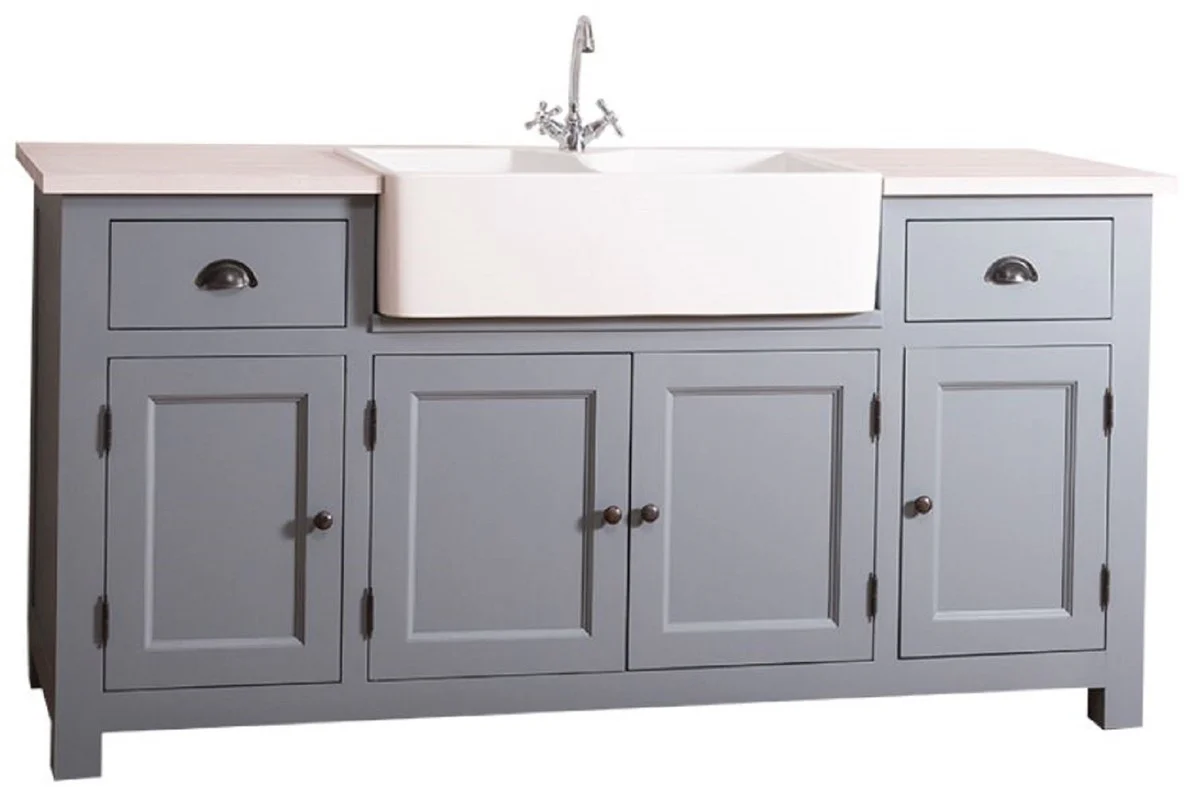 Country house style washbasin cabinet blue / white 180 x 65 x H. 90 cm - washbasin with 4 doors and 2 drawers