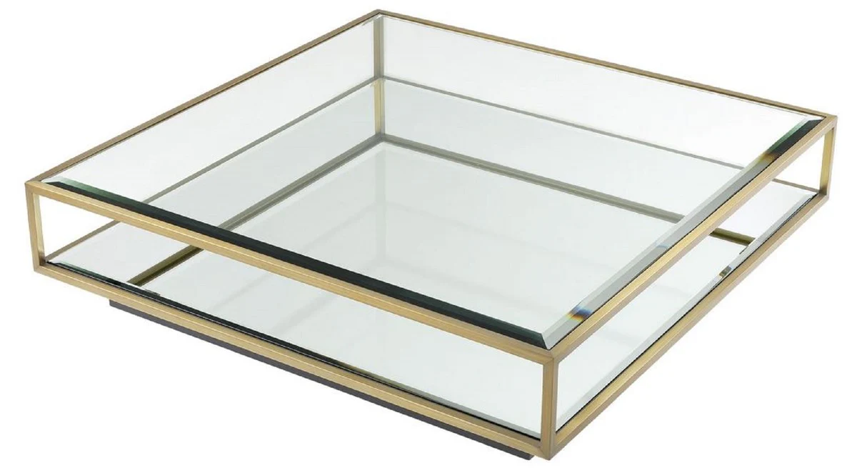 Luxury coffee table brass / black 120 x 120 x H. 30 cm - Square stainless steel living room table with mirror glass and glass top - Living room furniture - Luxury quality