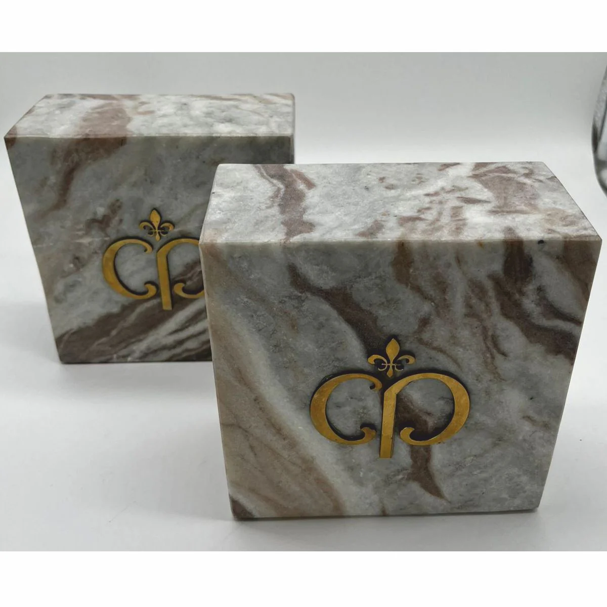 Luxury marble decorative bookends set grey-brown / gold