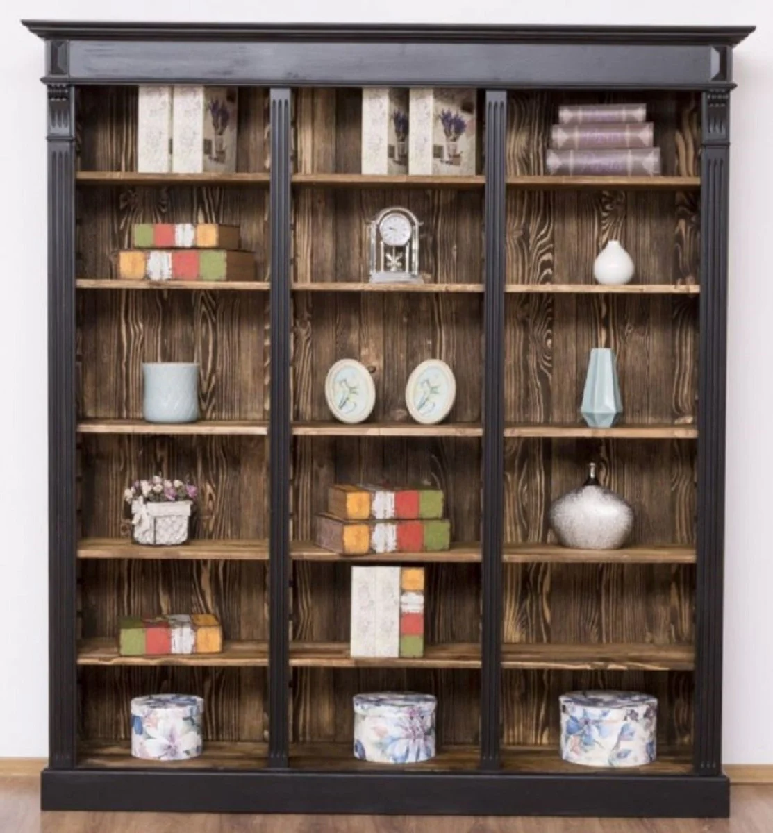 Country house style shelf cabinet black / dark brown 180 x 39 x H. 197 cm - solid wood cabinet - bookcase - living room cabinet - office cabinet - country house style furniture