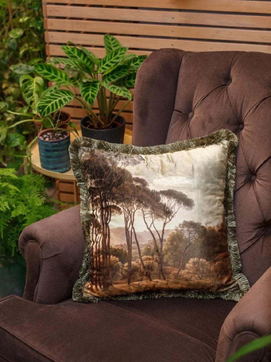 Luxury decorative cushion landscape multicolored / green 45 x 45 cm - printed velvet cushion with fringes - luxury collection