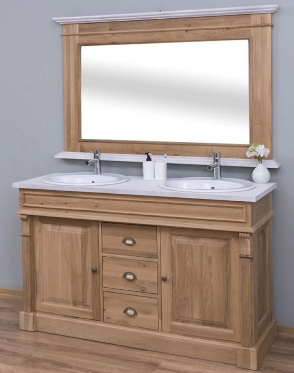 Country house style bathroom set brown / white - 1 double washbasin & 2 sinks & 2 taps & 1 wall mirror - solid wood bathroom furniture in country house style