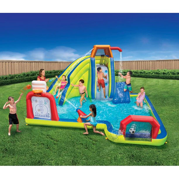 Banzai inflatable arcade water park slide with SkeeBall toss, soccer ball and basketball