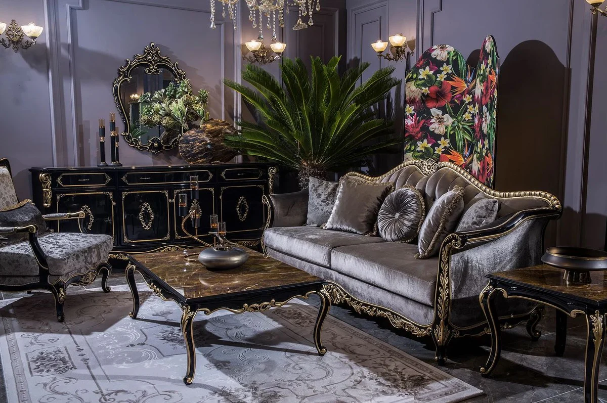Luxury baroque sofa silver / black / gold 220 x 88 x H. 107 cm - magnificent living room sofa with decorative cushions - noble & magnificent