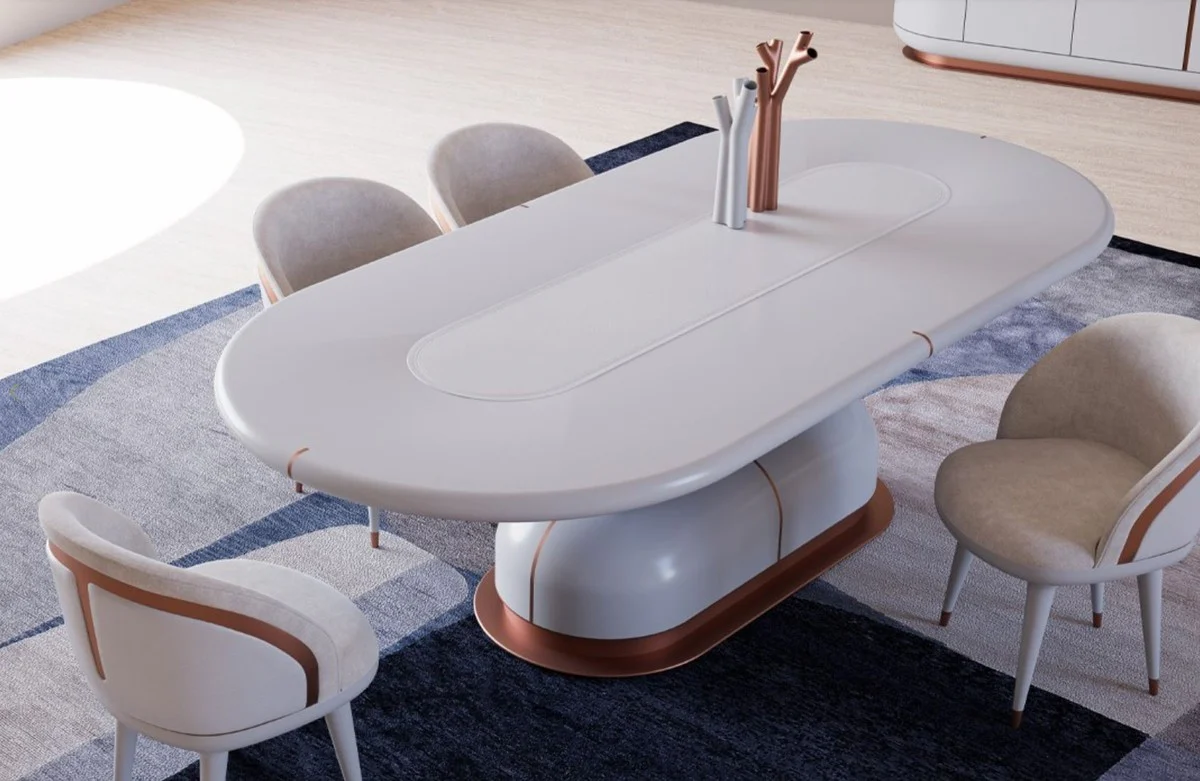 Luxury dining table white / copper 260 x 120 x H. 75 cm - Oval solid wood kitchen table - Solid wood furniture - Dining room furniture - Luxury furniture - Luxury furnishings
