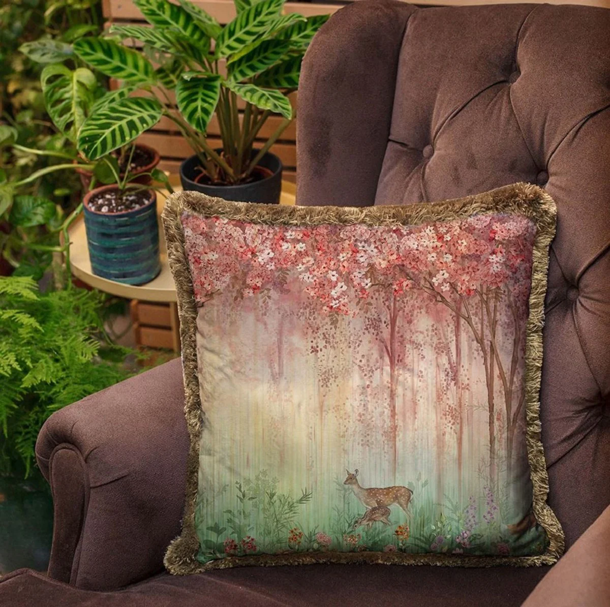 Luxury decorative cushion forest & animals multicolored / brown 45 x 45 cm - printed velvet cushion with fringes - luxury decorative accessories