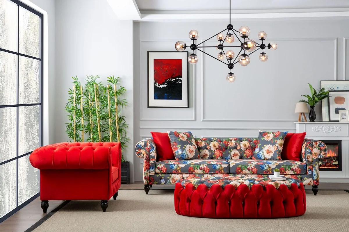 Luxury Chesterfield living room sofa with floral pattern gray / multicolor / black 235 x 90 x H. 75 cm - Chesterfield living room furniture - Luxury living room furniture - Luxury furnishings